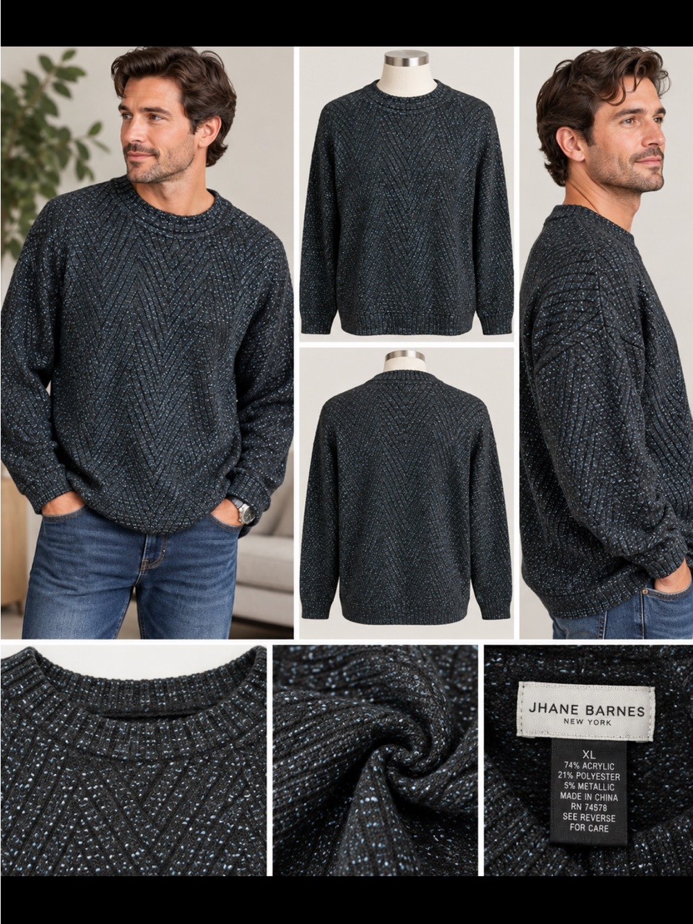 Jhane Barnes Black Charcoal Metallic Fleck Crewneck Sweater